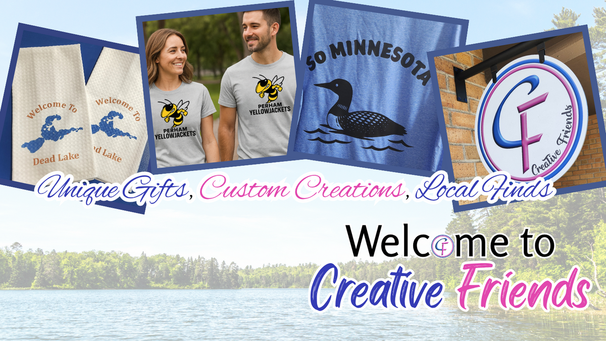 A promotional collage for Creative Friends gifts and apparel, featuring four tilted panels over a lake and forest background. The panels show two white lake towels with loon illustrations, a couple wearing matching gray t-shirts with a yellow jacket design,  'So Minnesota', with a loon graphic  on blue  t-shirt, and a round blue and pink logo with 'CF' and 'Creative Friends'.